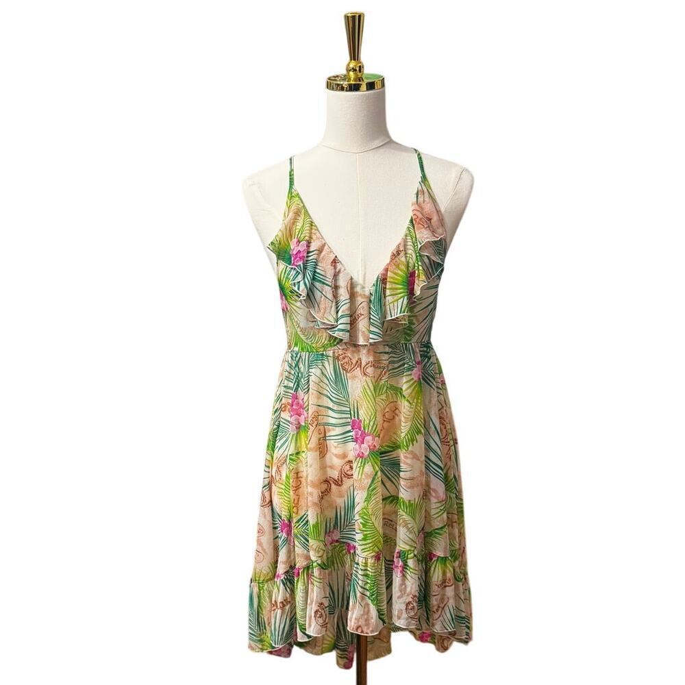 Betsey Johnson Sheer Tropical Ruffle Swim Cover Up Dress Pink Green Floral (S)